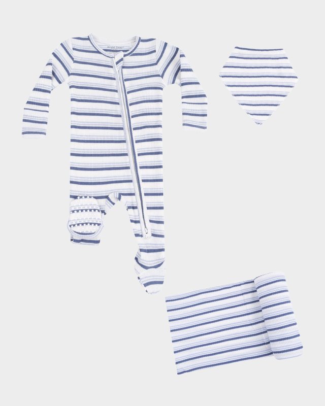 Boy's Striped Footie Romper, Swaddle Blanket, & Bandana Bib Set, Size Newborn-9M